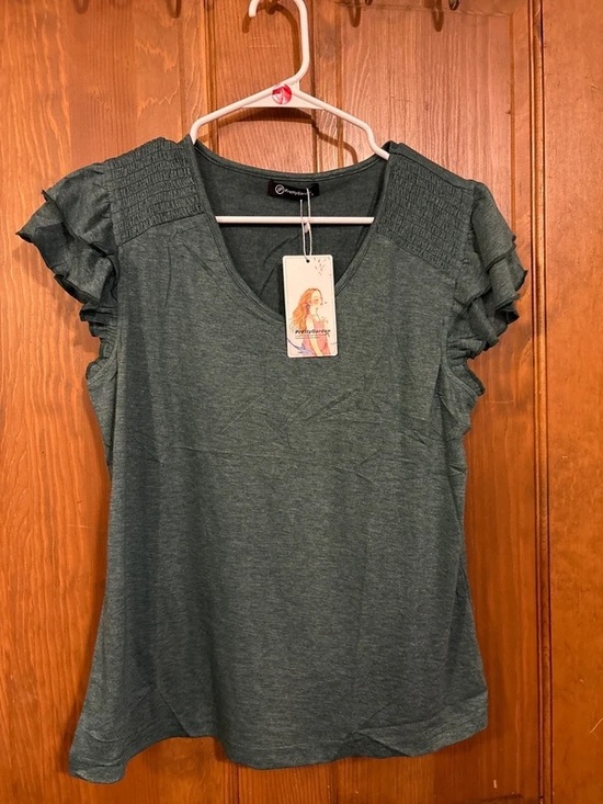 PrettyGarden Tops - Smocked Shoulder Green V-Neck Ruffle Sleeve Top